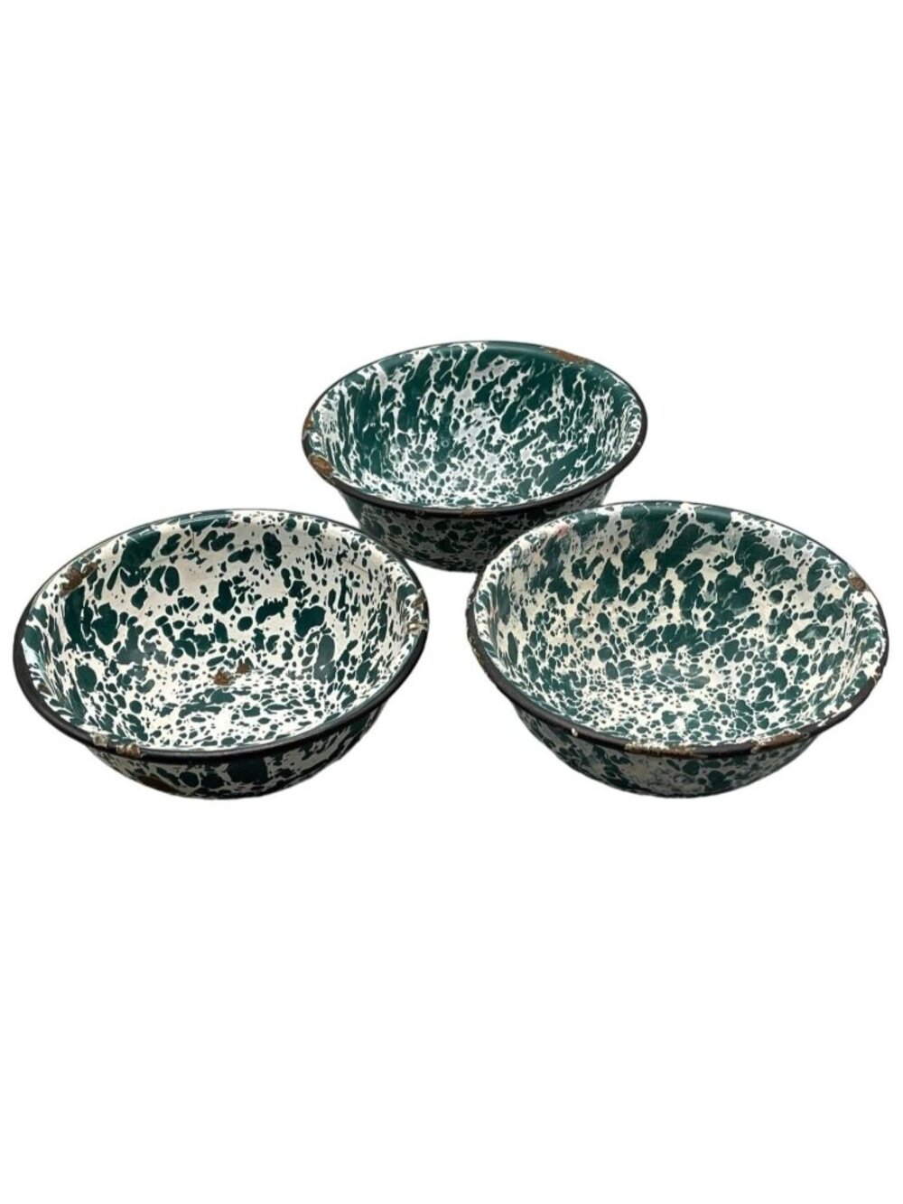 vintage set of 3 metal bowls green white black outdoors camping picnic 6" READ
